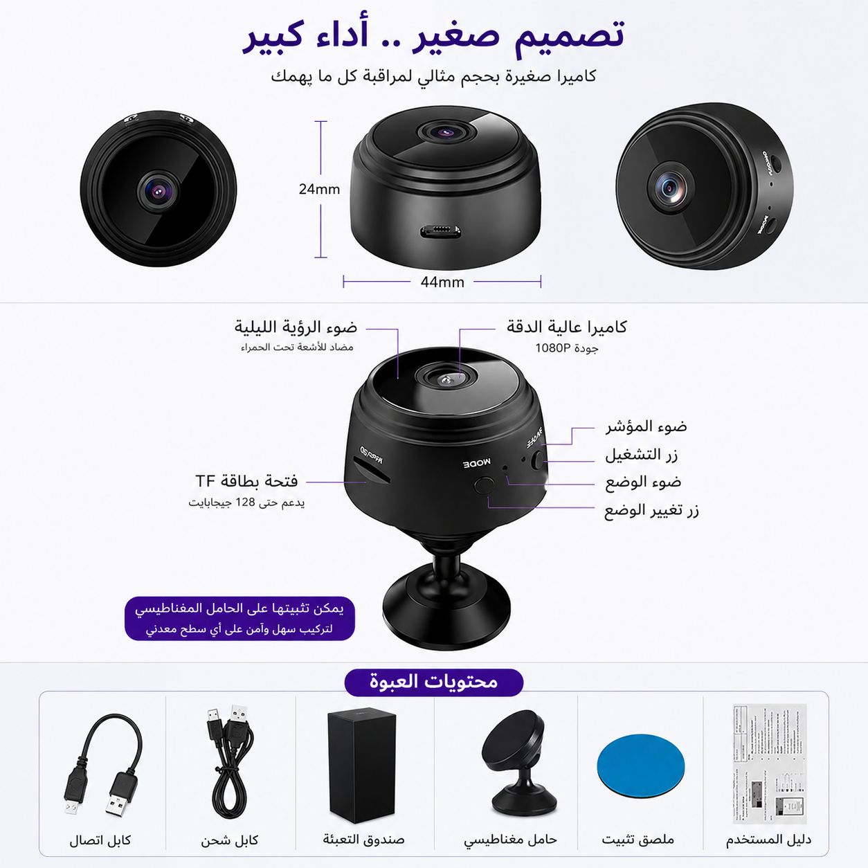 كاميرا مراقبة واي فاي صغيرة بدقة 1080P مع رؤية ليلية وكشف الحركة ومراقبة عبر الهاتف